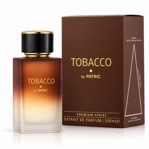 Tobacco by PATRIC 100 ml, parfum unisex cu flacon satinat maro și crem, capac negru-auriu și cutie maro Premium Series, pe fundal alb.