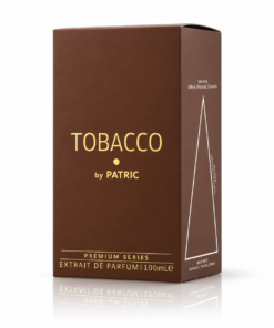 Cutie parfum Tobacco by PATRIC 100 ml, ambalaj maro cu inscripții aurii Premium Series și piramidă olfactivă pe lateral, fundal alb.