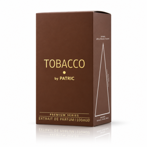 Cutie parfum Tobacco by PATRIC 100 ml, ambalaj maro cu inscripții aurii Premium Series și piramidă olfactivă pe lateral, fundal alb.