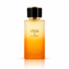 Parfum unisex Vega by PATRIC 100 ml, flacon satinat cu degrade galben-portocaliu, capac negru lucios și detalii aurii, pe fundal alb.