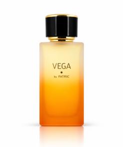Parfum unisex Vega by PATRIC 100 ml, flacon satinat cu degrade galben-portocaliu, capac negru lucios și detalii aurii, pe fundal alb.