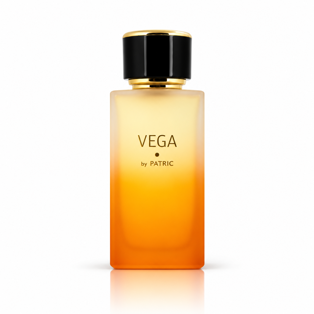 Parfum unisex Vega by PATRIC 100 ml, flacon satinat cu degrade galben-portocaliu, capac negru lucios și detalii aurii, pe fundal alb.