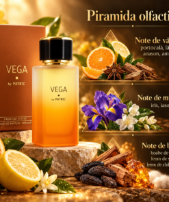 Piramida olfactivă Vega by PATRIC 100 ml, cu portocală, lămâie, anason, amyris, iris, iasomie, tonka, santal, lemn ambrat și mosc.