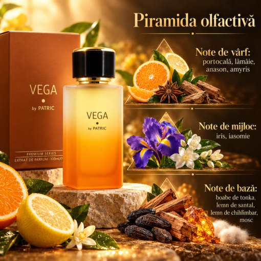 Piramida olfactivă Vega by PATRIC 100 ml, cu portocală, lămâie, anason, amyris, iris, iasomie, tonka, santal, lemn ambrat și mosc.
