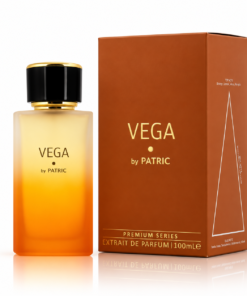 Vega by PATRIC 100 ml, parfum unisex cu flacon satinat galben-portocaliu, capac negru-auriu și cutie portocaliu-cupru Premium Series.
