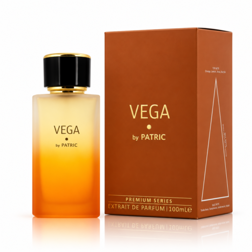 Vega by PATRIC 100 ml, parfum unisex cu flacon satinat galben-portocaliu, capac negru-auriu și cutie portocaliu-cupru Premium Series.