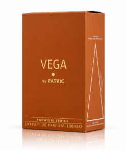 Cutie parfum Vega by PATRIC 100 ml, ambalaj portocaliu-cupru cu inscripții aurii Premium Series și piramidă olfactivă laterală.