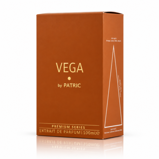 Cutie parfum Vega by PATRIC 100 ml, ambalaj portocaliu-cupru cu inscripții aurii Premium Series și piramidă olfactivă laterală.